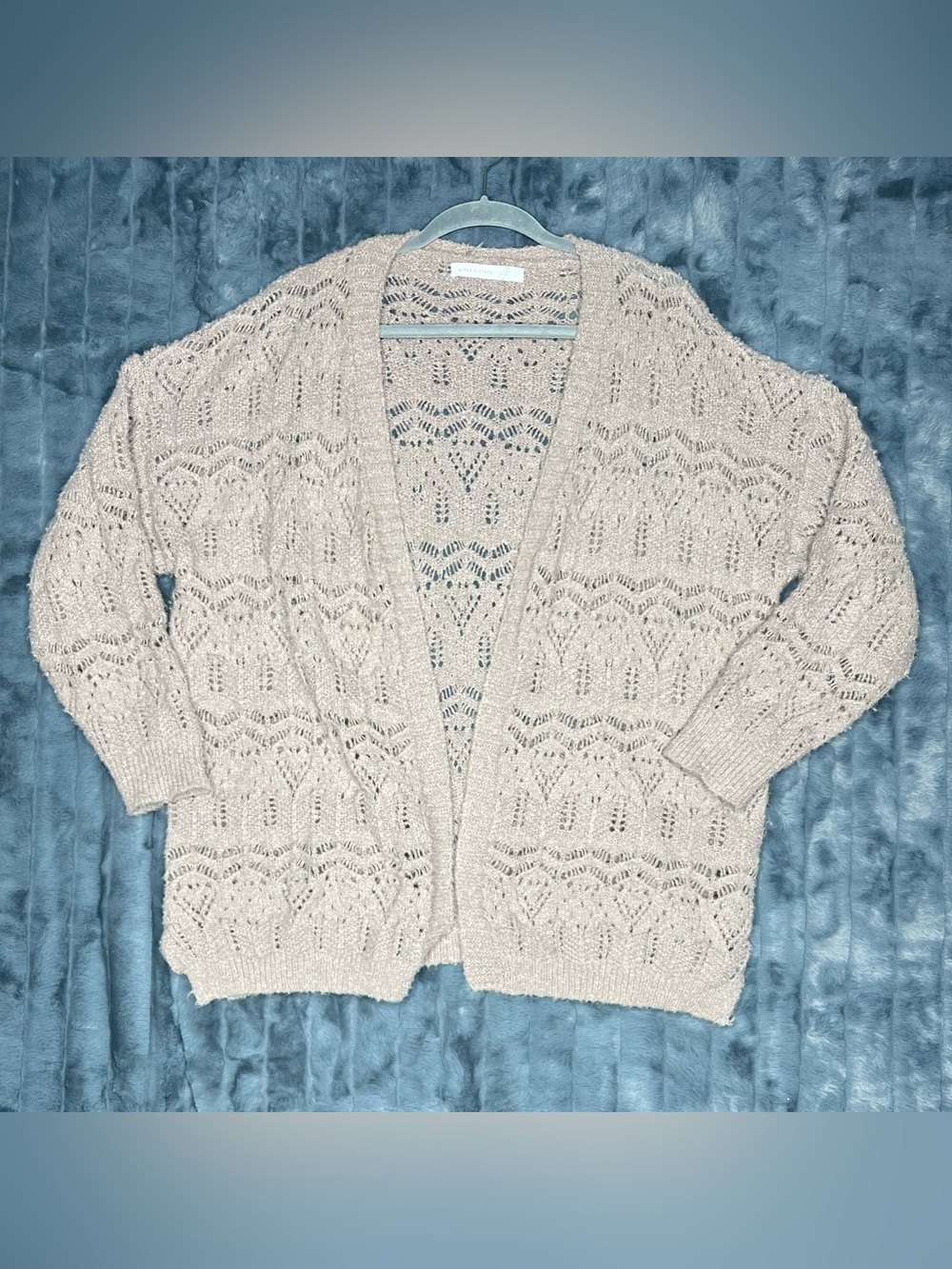 Altar’d State Cardigan L Oatmeal Taupe Fuzzy Open Knit Crochet Boho Cottagecore